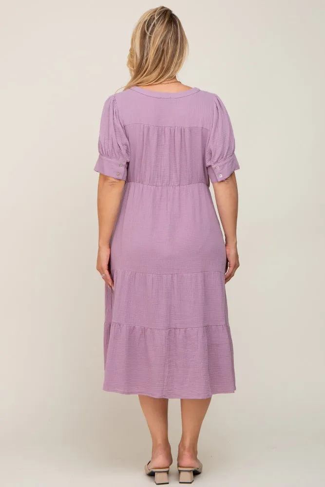 Lavender Button Down Short Sleeve Plus Maternity Dress