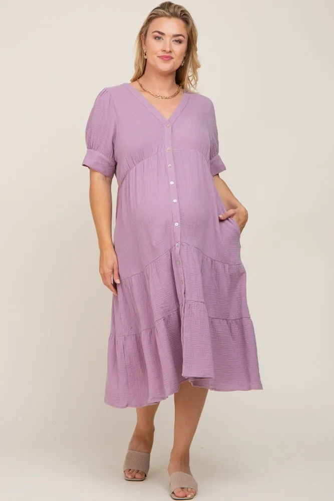 Lavender Button Down Short Sleeve Plus Maternity Dress