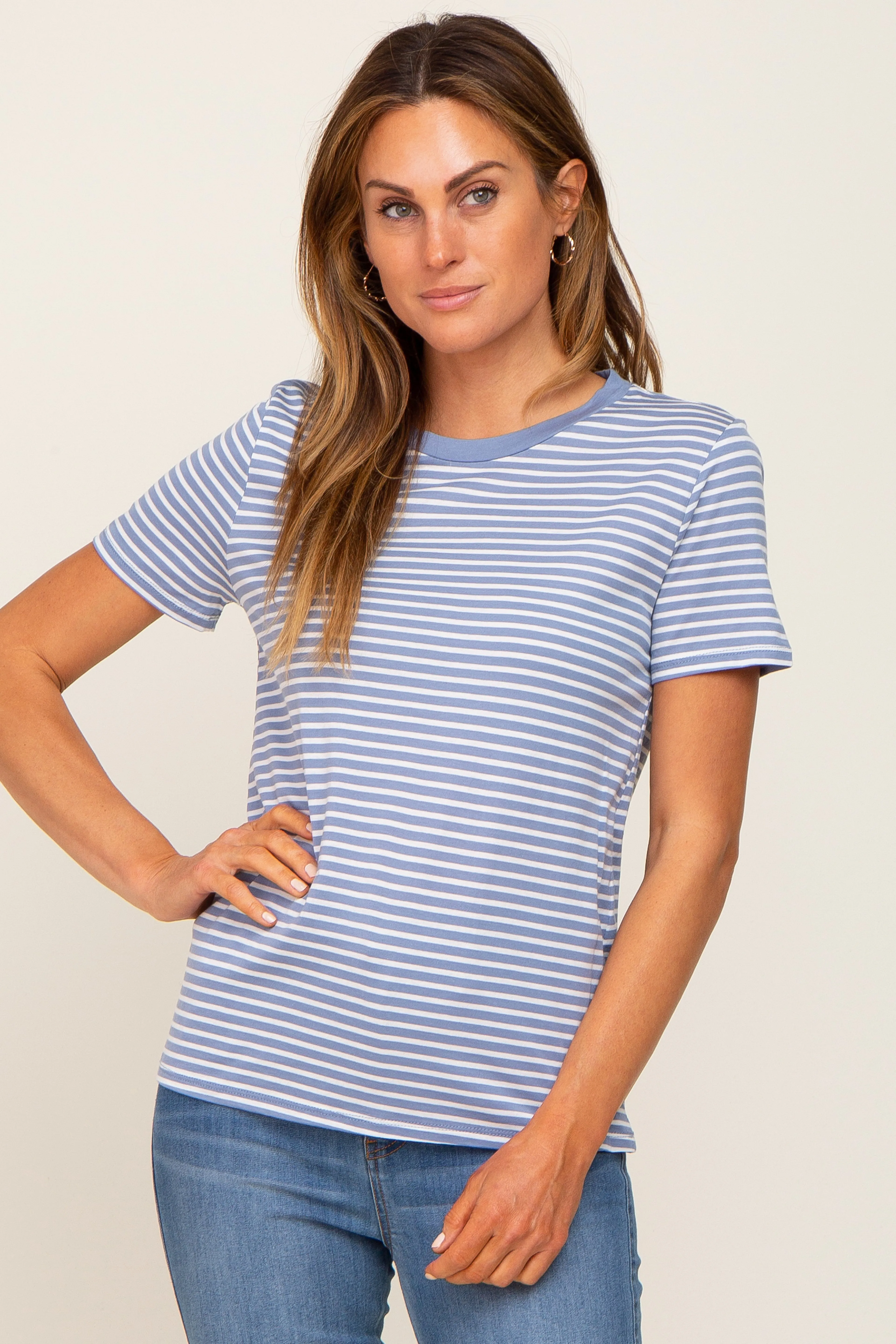 Light Blue Striped Basic Maternity Tee