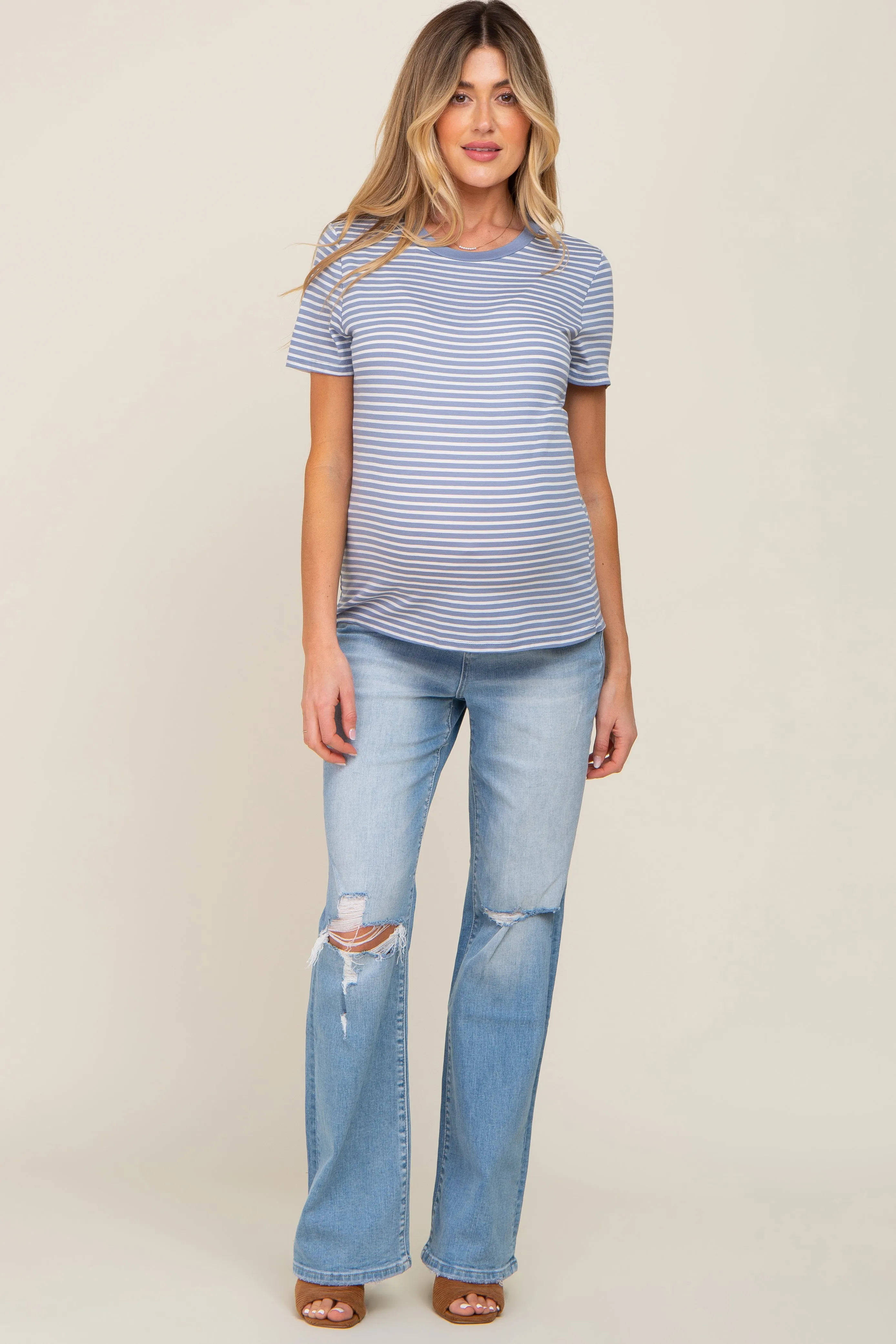 Light Blue Striped Basic Maternity Tee