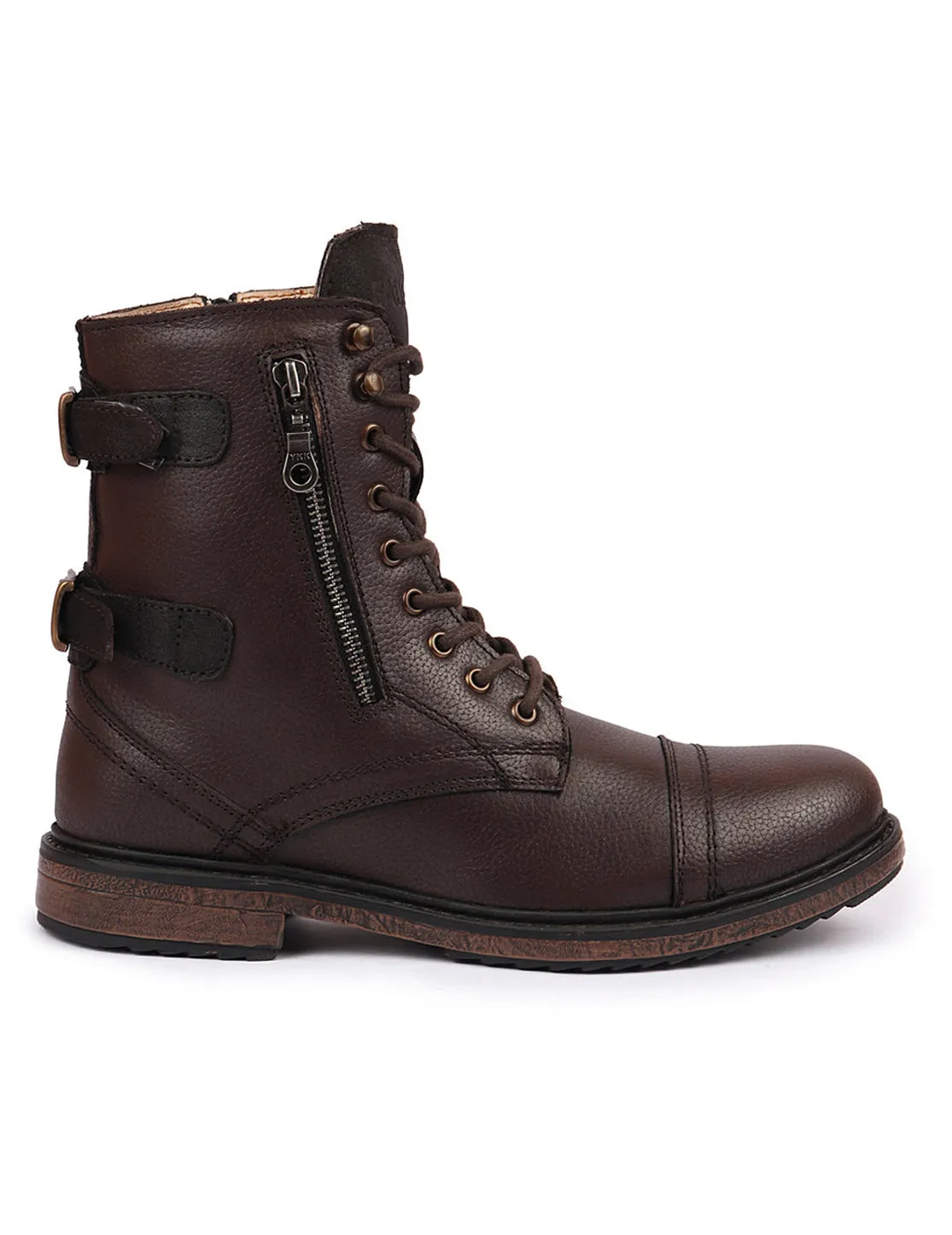 Men Brown High Ankle Genuine Leather Hook and 7-Eye Lace Up Side Zipper Adjustable Buckle Strap Cap Toe Anti Skid Sole Flat Boots