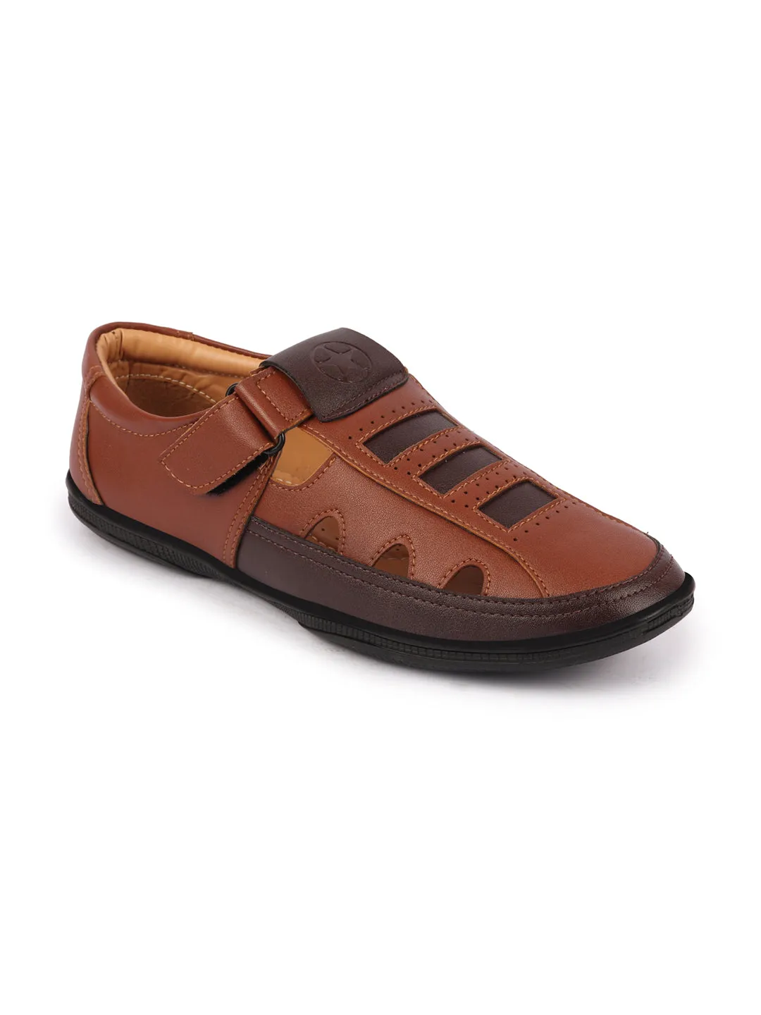 Men Tan Laser Cut Design Roman Sandal with Buckle Strap