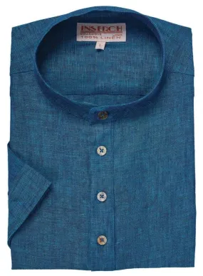 MEN'S DEEP SEA BLUE LINEN BANDED COLLAR POP OVER SHIRT BY INSERCH