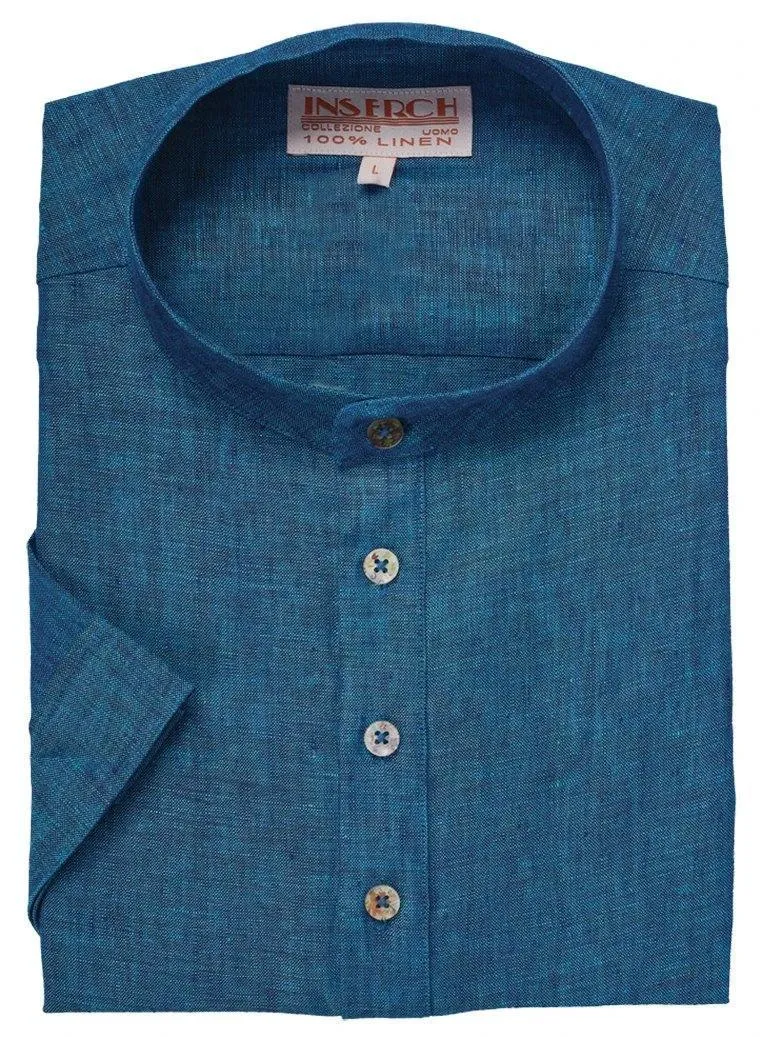 MEN'S DEEP SEA BLUE LINEN BANDED COLLAR POP OVER SHIRT BY INSERCH