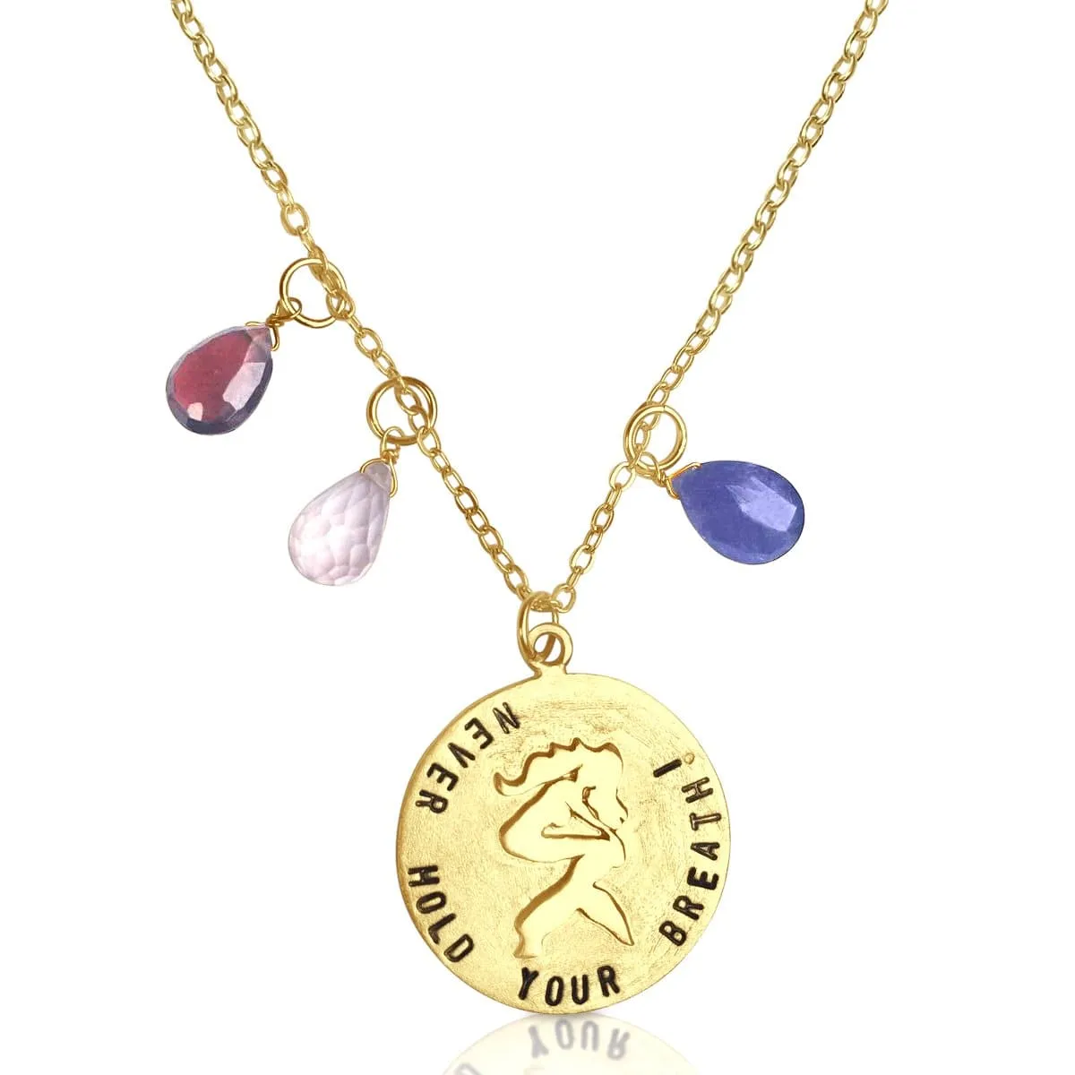 Miss Scuba Never Hold Your Breath Gold Filled Necklace with a Mermaid, Tanzanite, Garnet and Rose Quartz