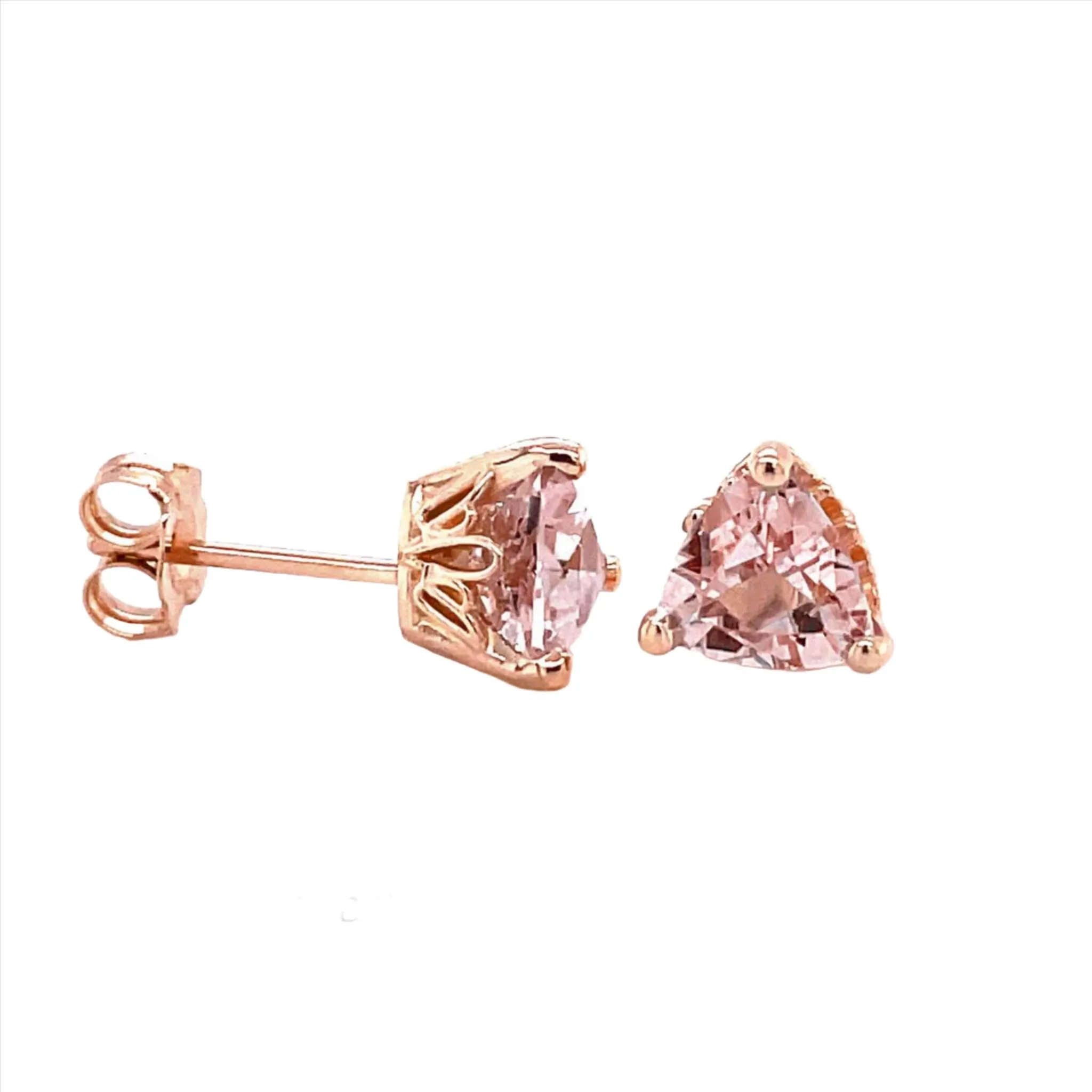 Natural Morganite Earrings Trillion Cut Morganite Studs 14K Rose Gold Floral Posts