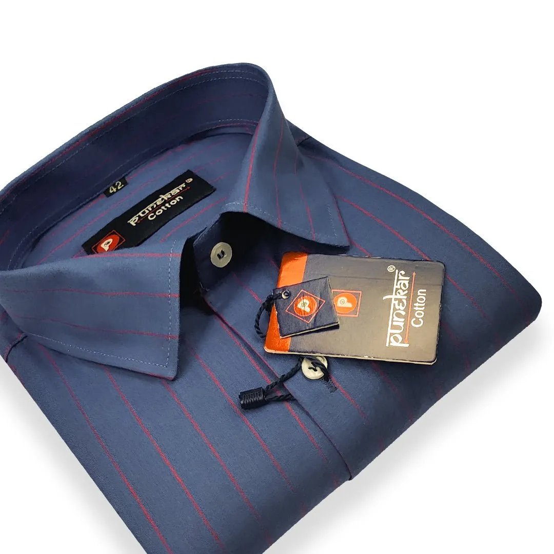 Navy Blue Color Lining Cotton Shirt For Men