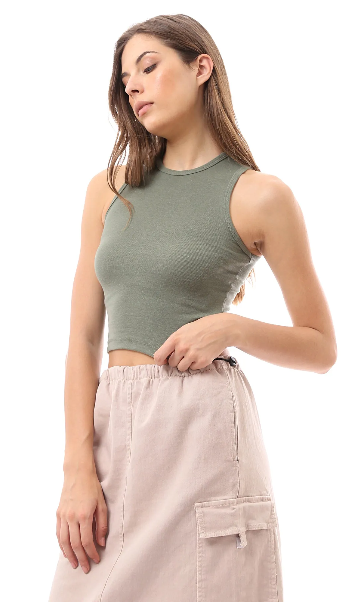 O166372 Round Neck Dark Olive Casual Cropped Tank Top