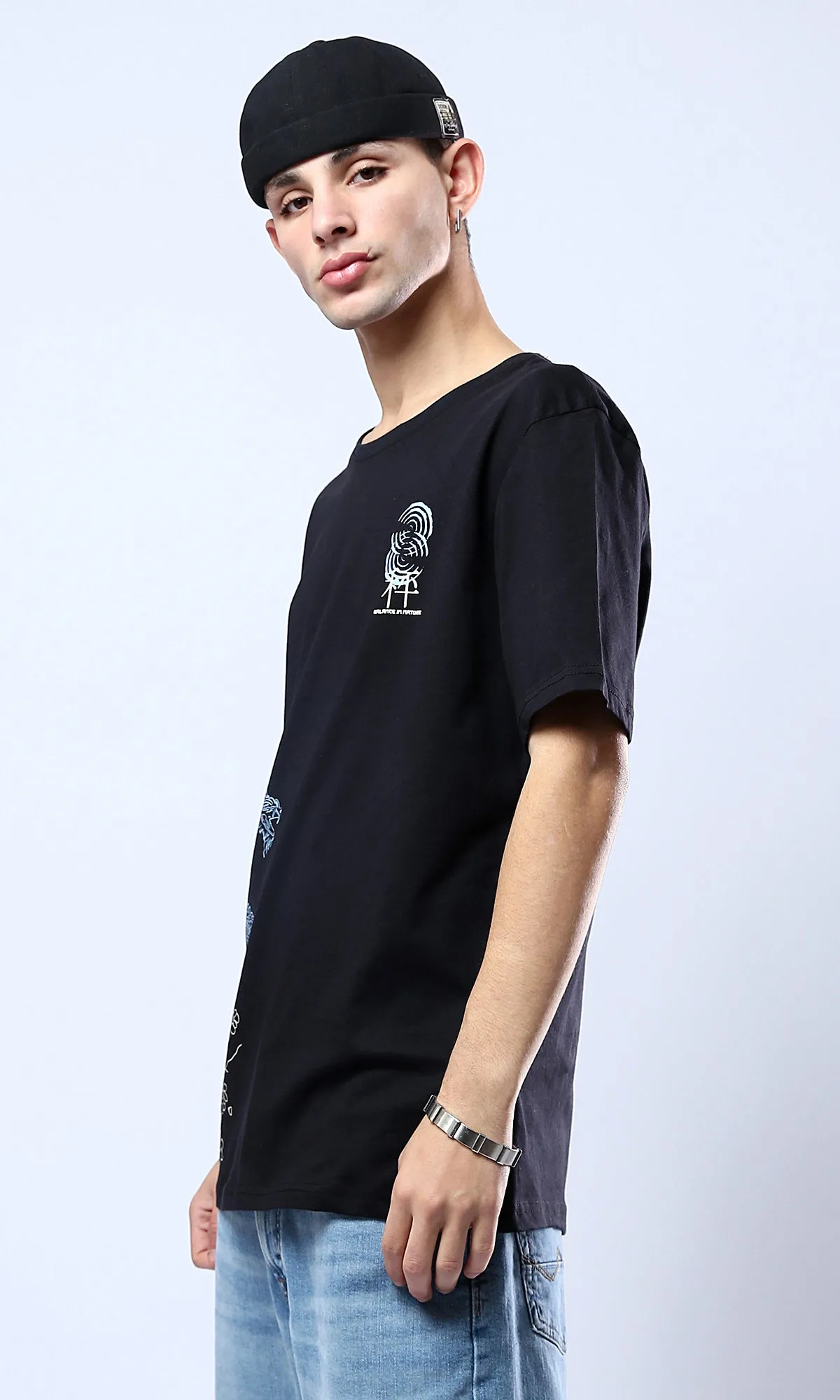 O178959 Black Crew Neck Tee With Printed Dragon