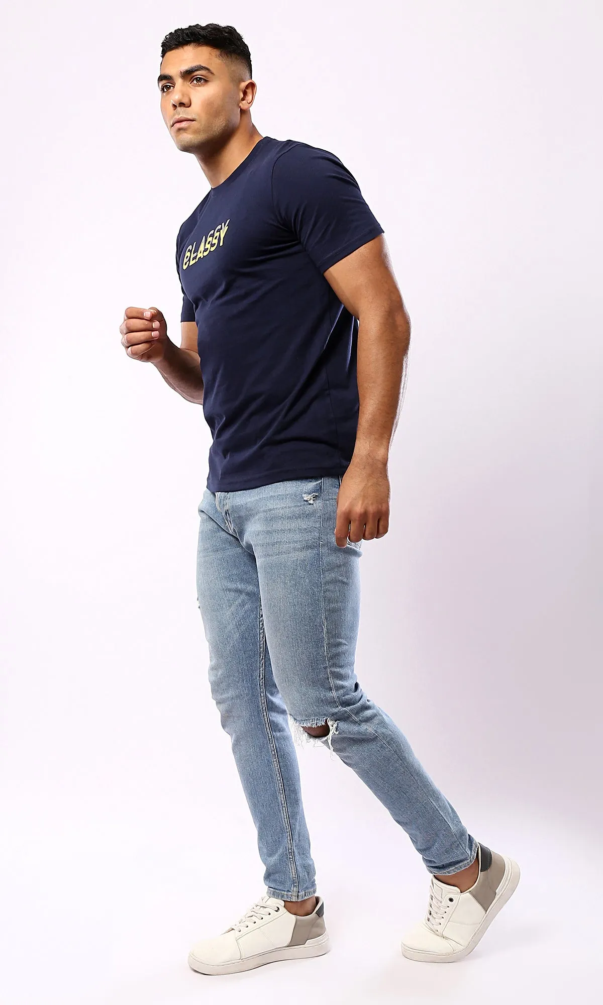 O179016 Navy Blue Classy Printed Casual Tee