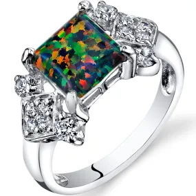 Opal Princess Cut Sterling Silver Ring Size 6