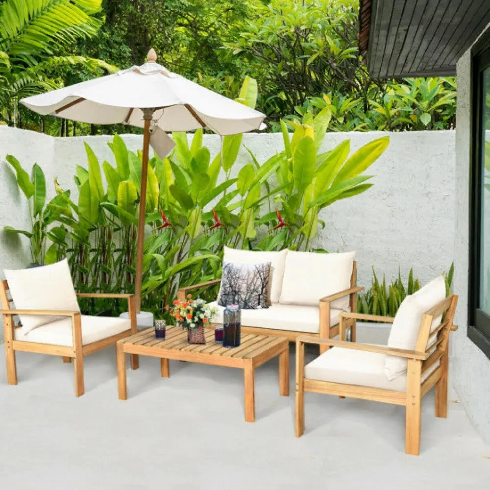 Outdoor 4 Pieces Acacia Wood Chat Set with Water Resistant Cushions-Red