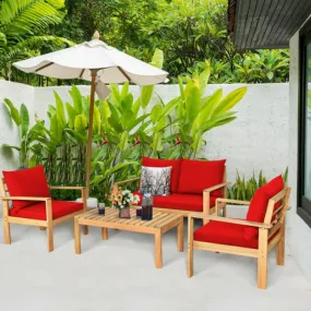 Outdoor 4 Pieces Acacia Wood Chat Set with Water Resistant Cushions-Red