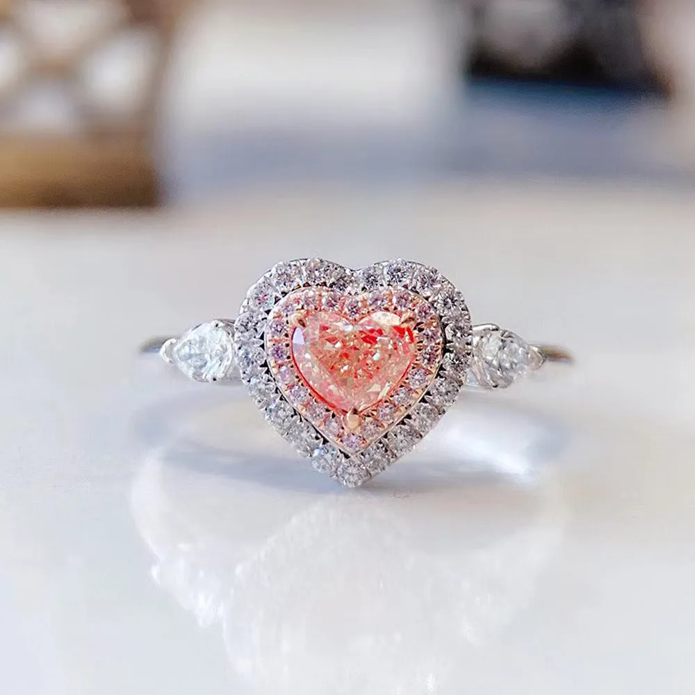 Pink Heart Double Halo Sterling Silver Engagement Ring