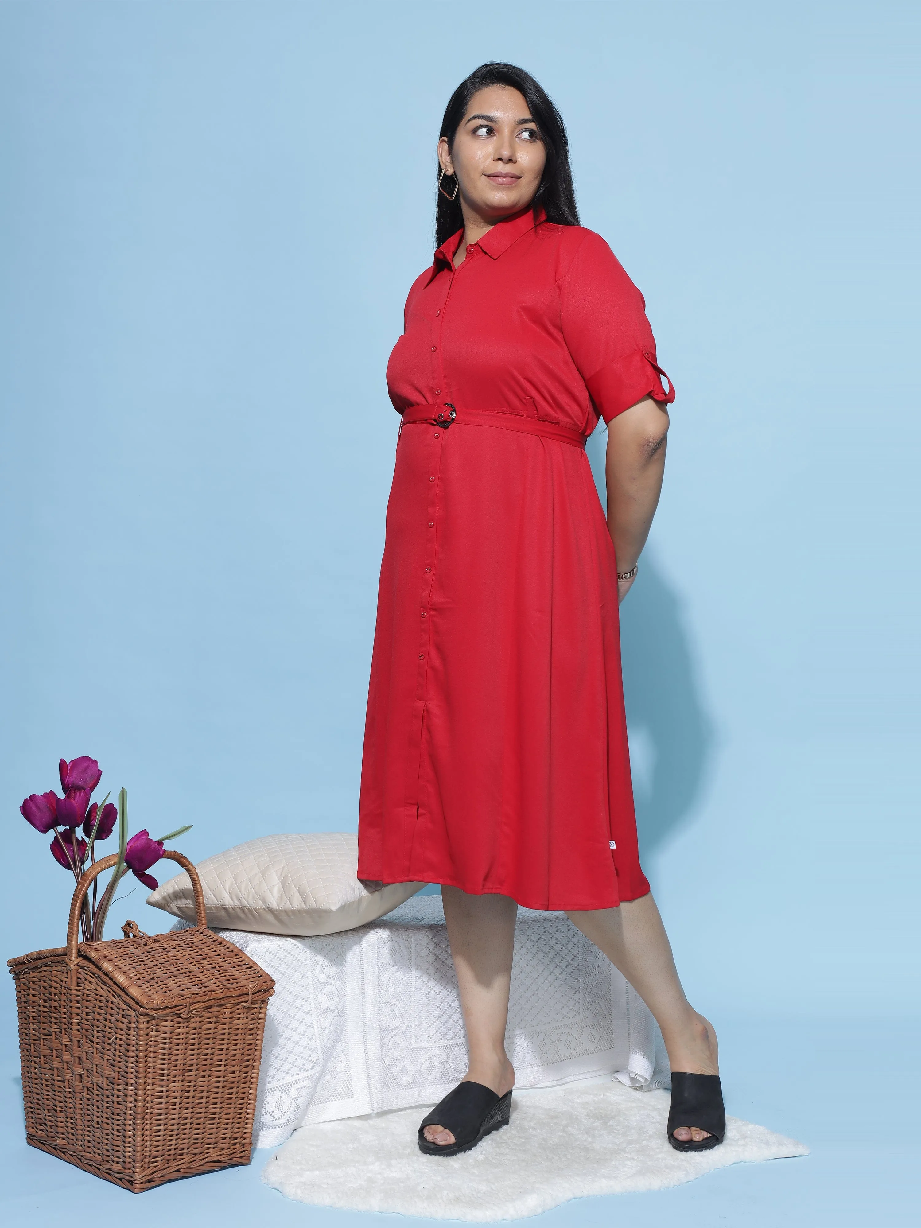 Polyester Collared Neck Dress Red