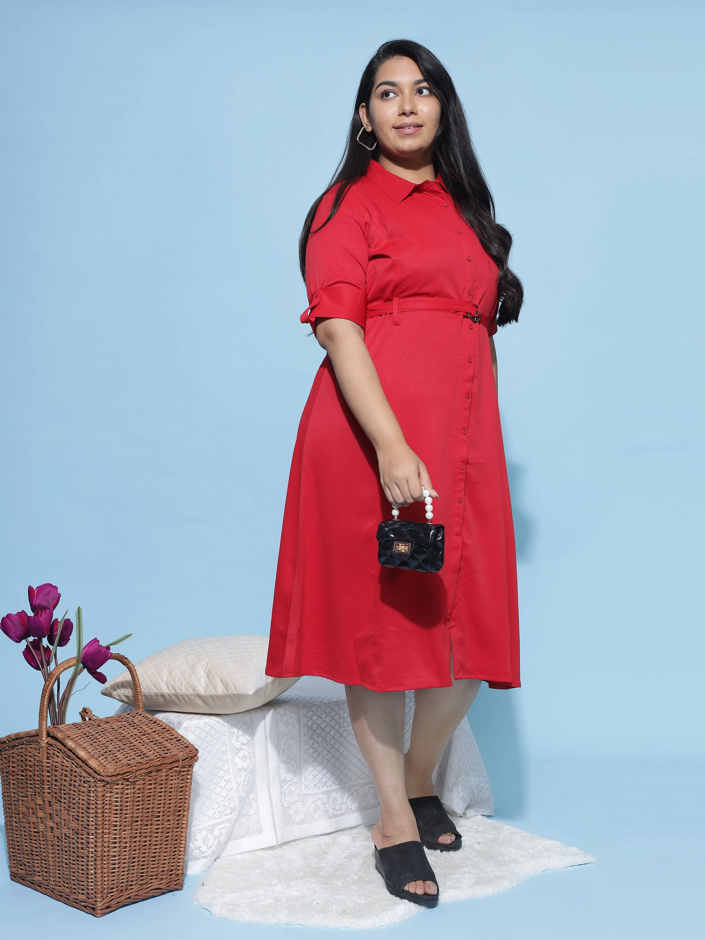 Polyester Collared Neck Dress Red