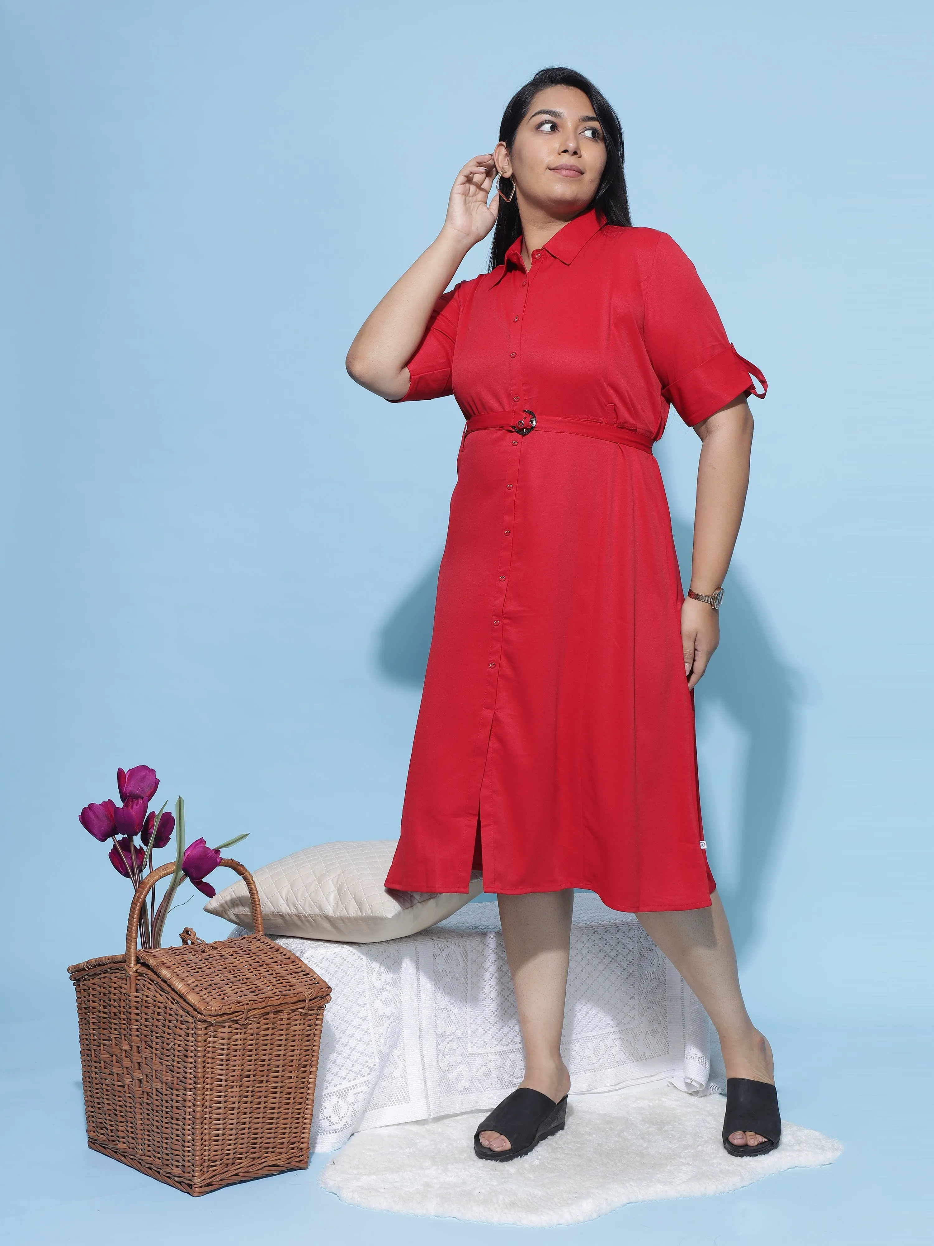 Polyester Collared Neck Dress Red