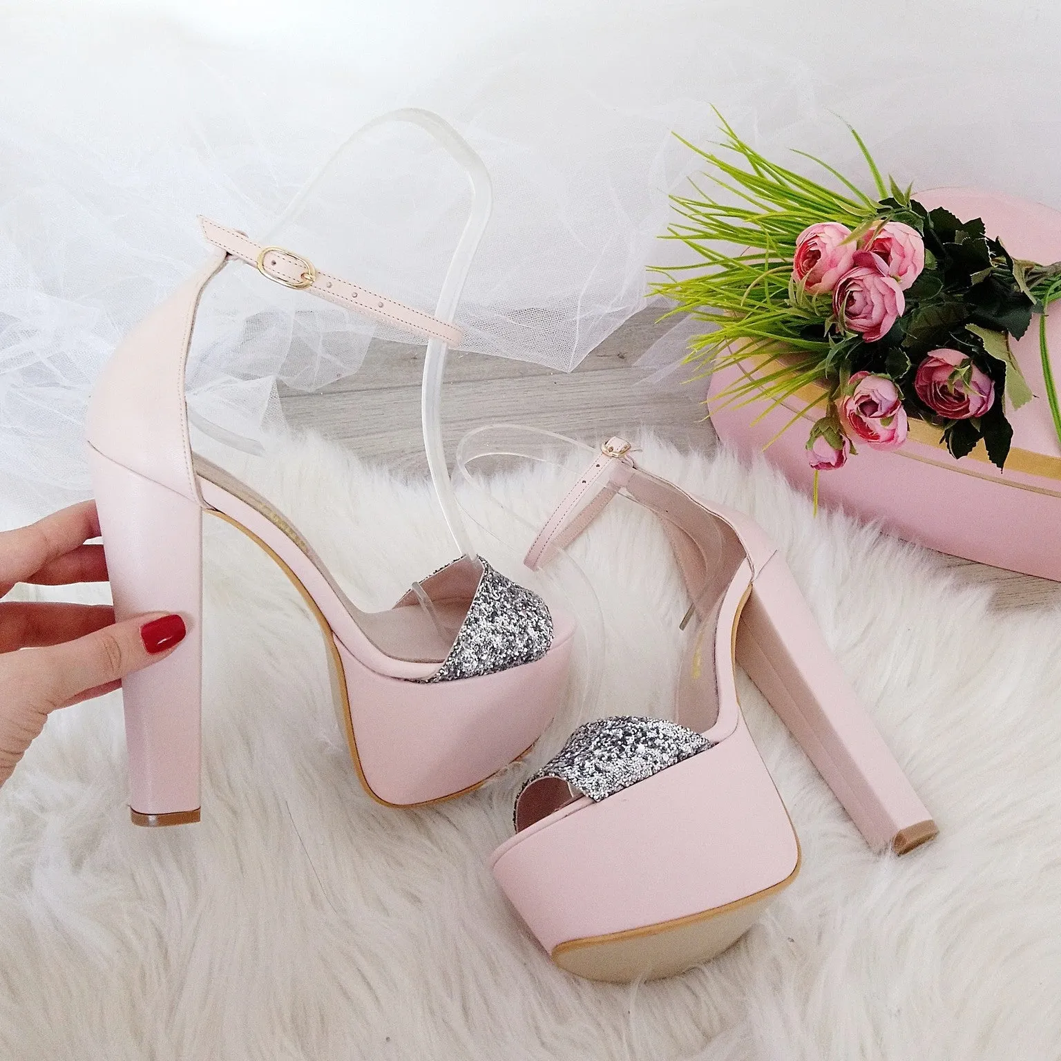 Powder Pink with Silver Shimmer Ankle Strap Platform Sandals