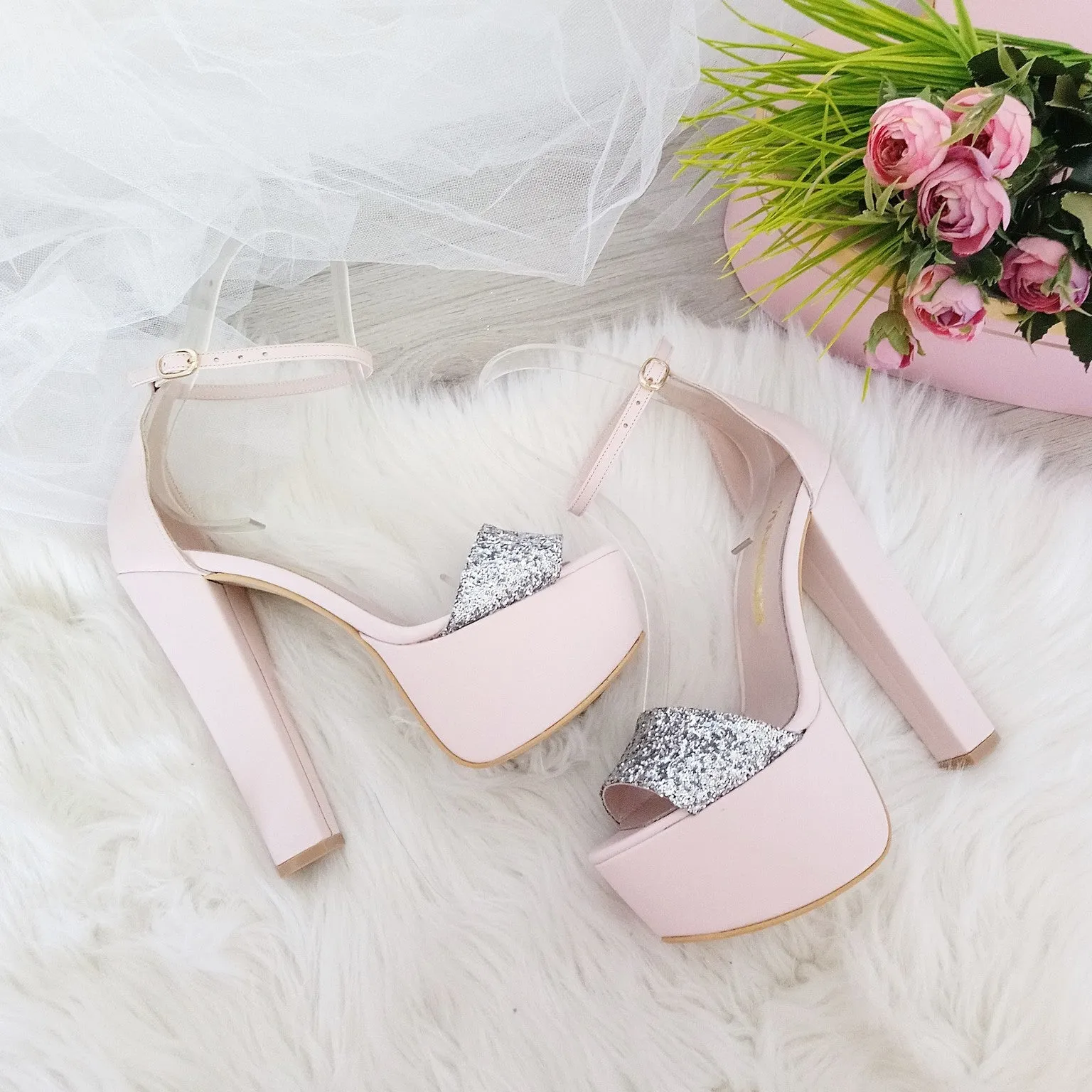 Powder Pink with Silver Shimmer Ankle Strap Platform Sandals