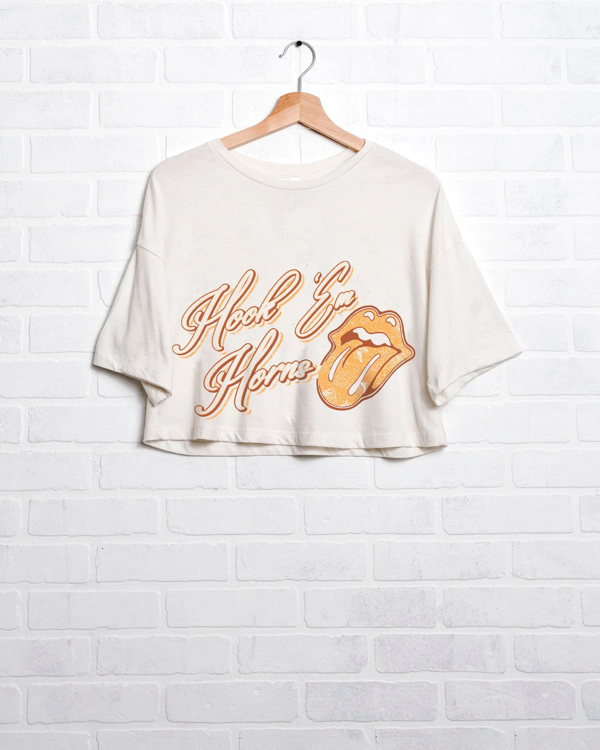 Rolling Stones Hook 'Em Horns Malibu Puff Ink Off White Cropped Tee