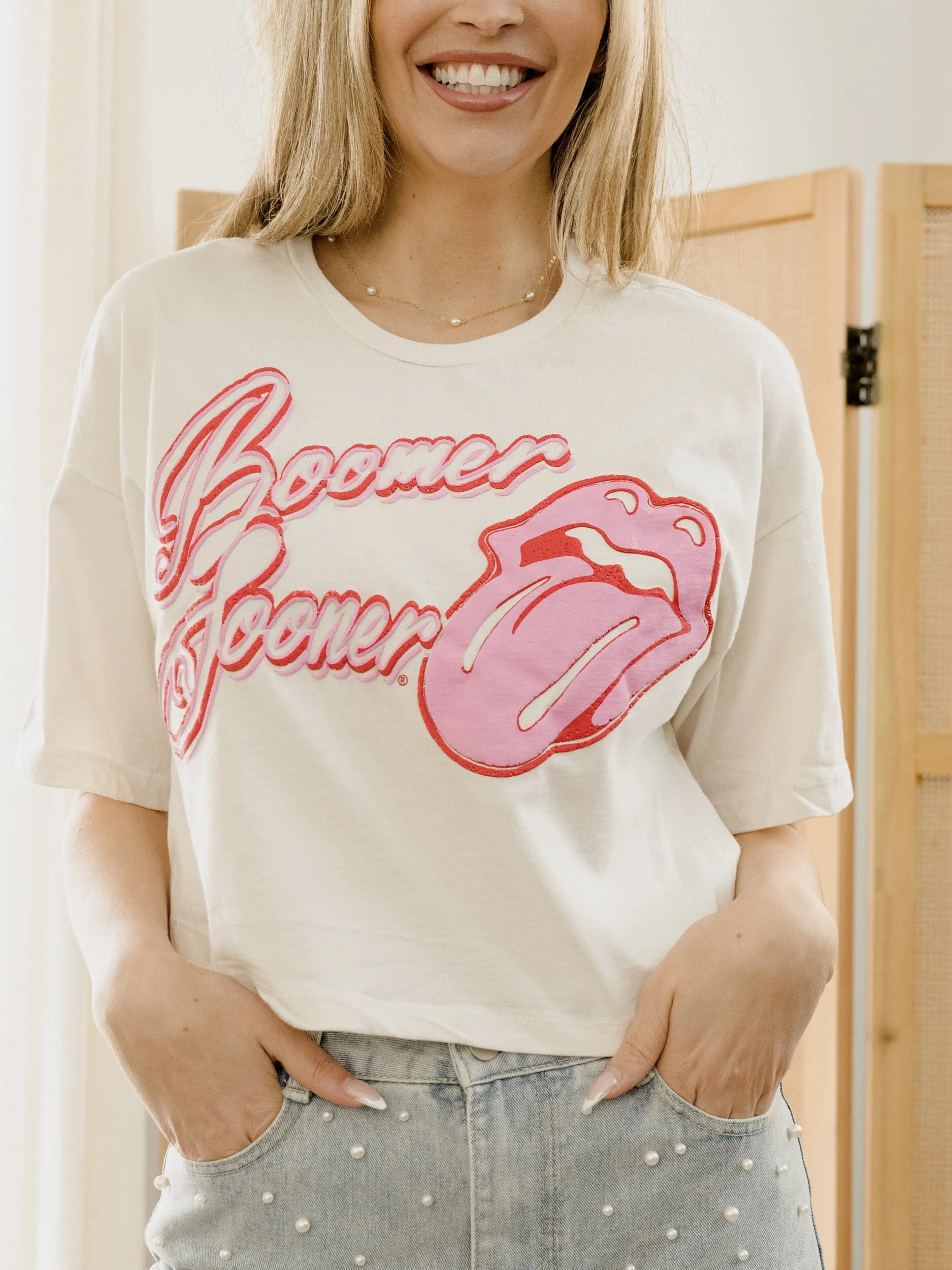 Rolling Stones OU Sooners Malibu Puff Ink White Cropped Tee