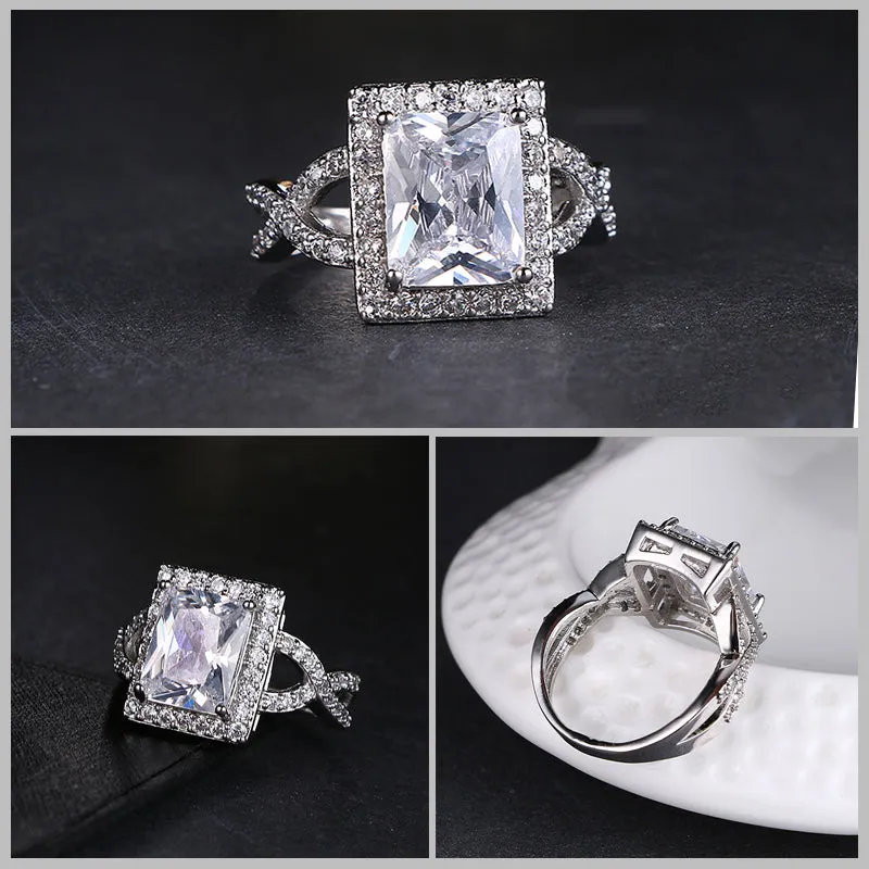 Romantic Platinum plated Square CZ Crystal Statement Ring