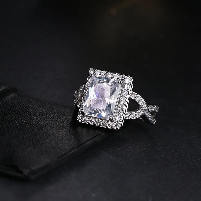 Romantic Platinum plated Square CZ Crystal Statement Ring