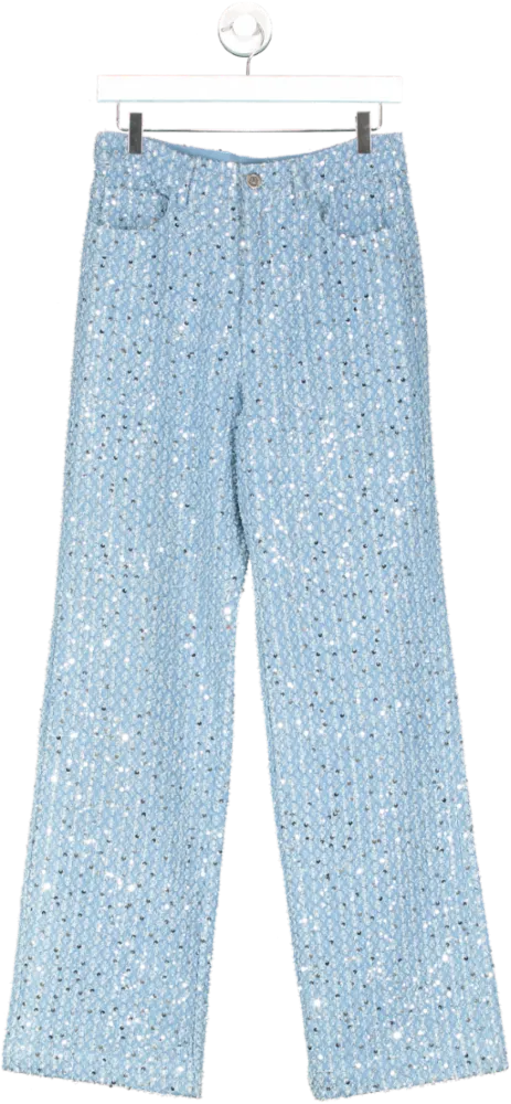 Rotate Birger Christensen Blue Sequined High Rise Boucle Straight Leg Jeans UK 10