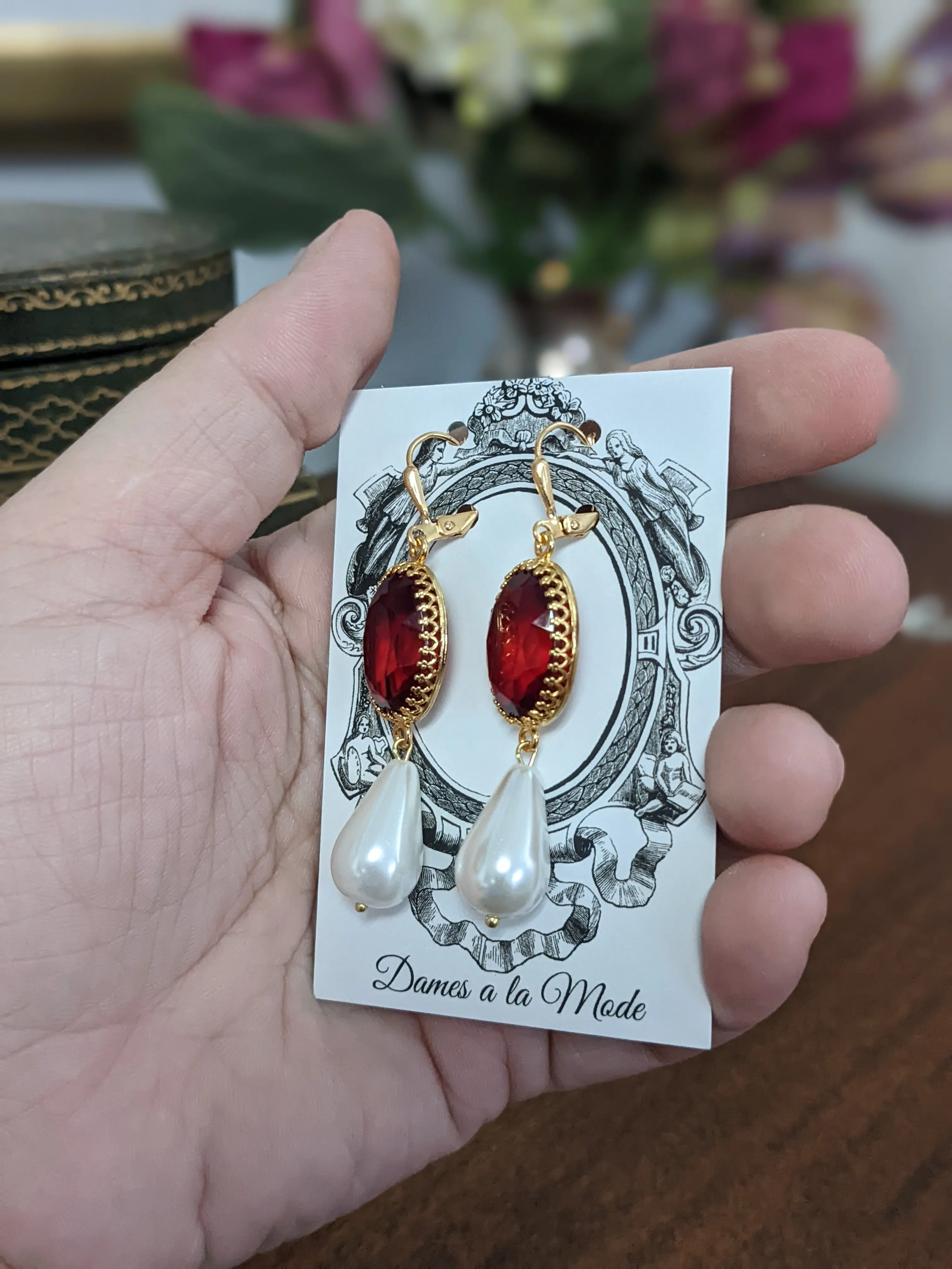 Ruby and Pearl Crown Earrings - Large Ovals