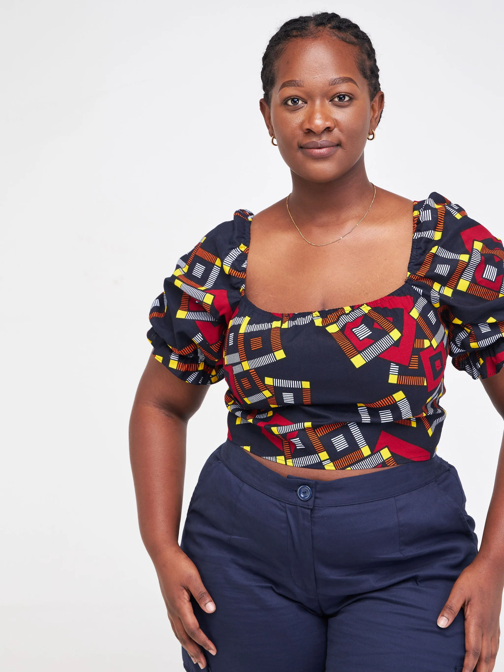 Safari Anga Puffy Short Sleeve Tie Top - Navy Blue / Orange Ankara Print