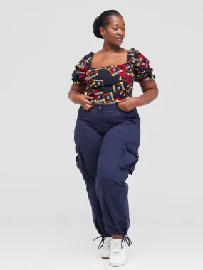 Safari Anga Puffy Short Sleeve Tie Top - Navy Blue / Orange Ankara Print