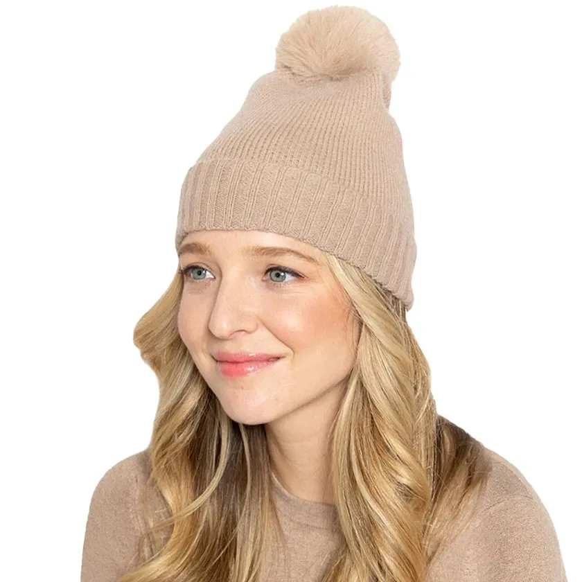 Solid Knit Beanie Hat With Faux Fur Pom