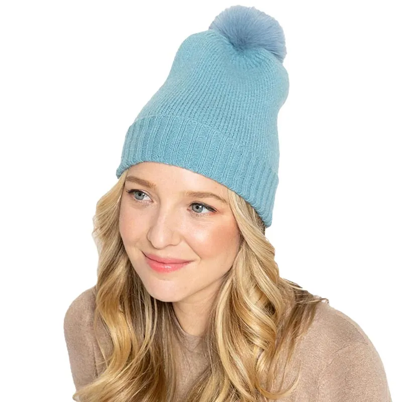 Solid Knit Beanie Hat With Faux Fur Pom