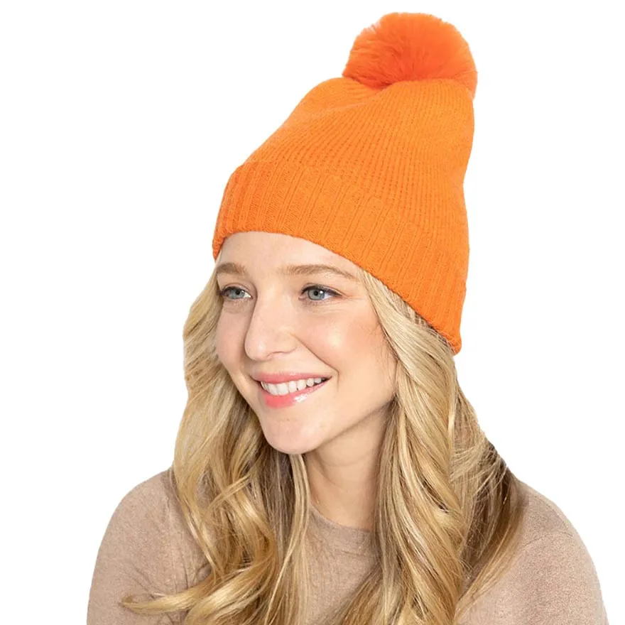 Solid Knit Beanie Hat With Faux Fur Pom