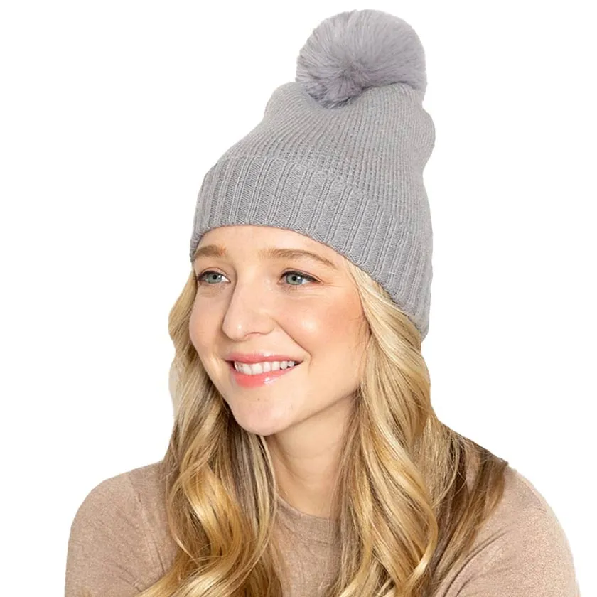 Solid Knit Beanie Hat With Faux Fur Pom