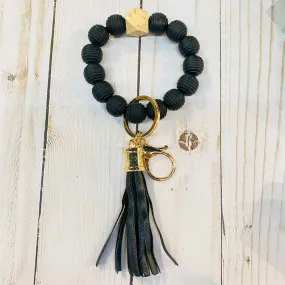 Solid Ribbed Beaded Keychain with Tassel