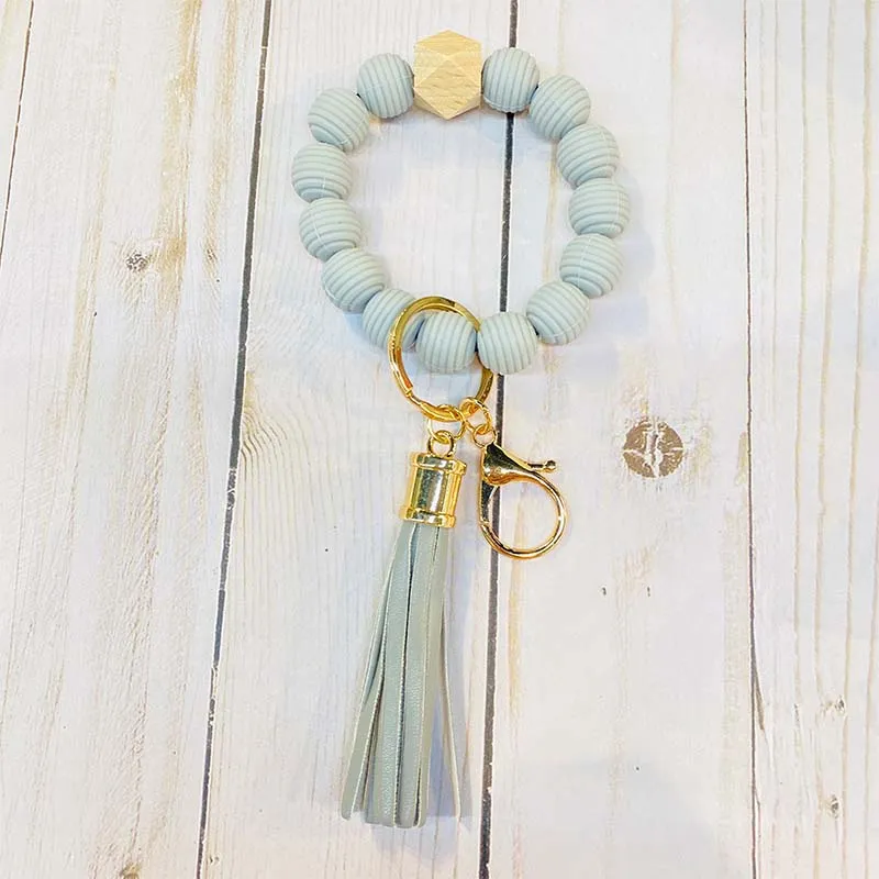 Solid Ribbed Beaded Keychain with Tassel