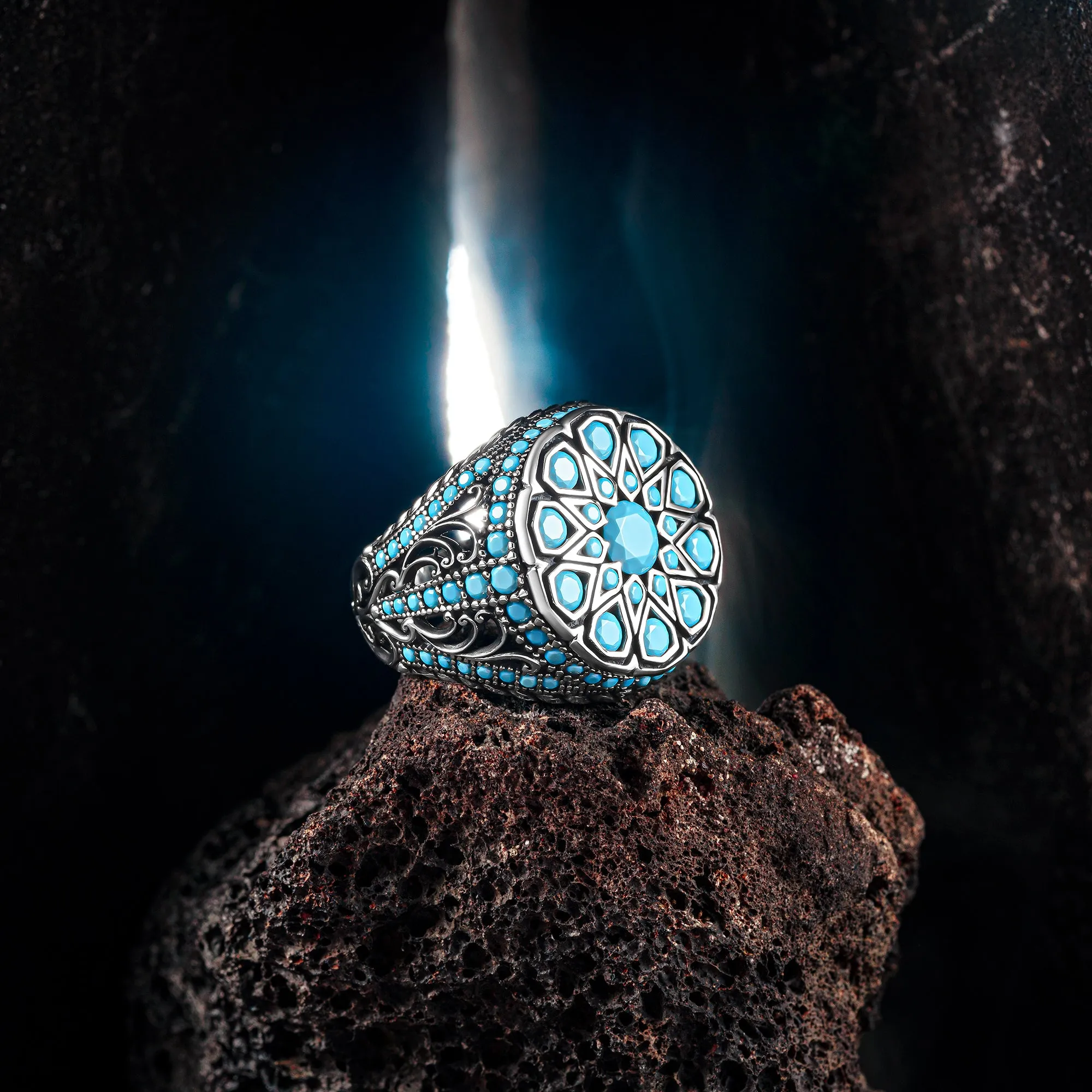 STELLARS SEA EAGLE - Deep Blue Ocean Silver Man Ring with Turquoise Stone