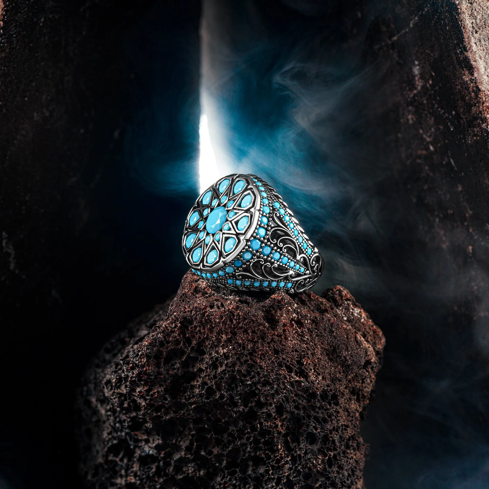 STELLARS SEA EAGLE - Deep Blue Ocean Silver Man Ring with Turquoise Stone