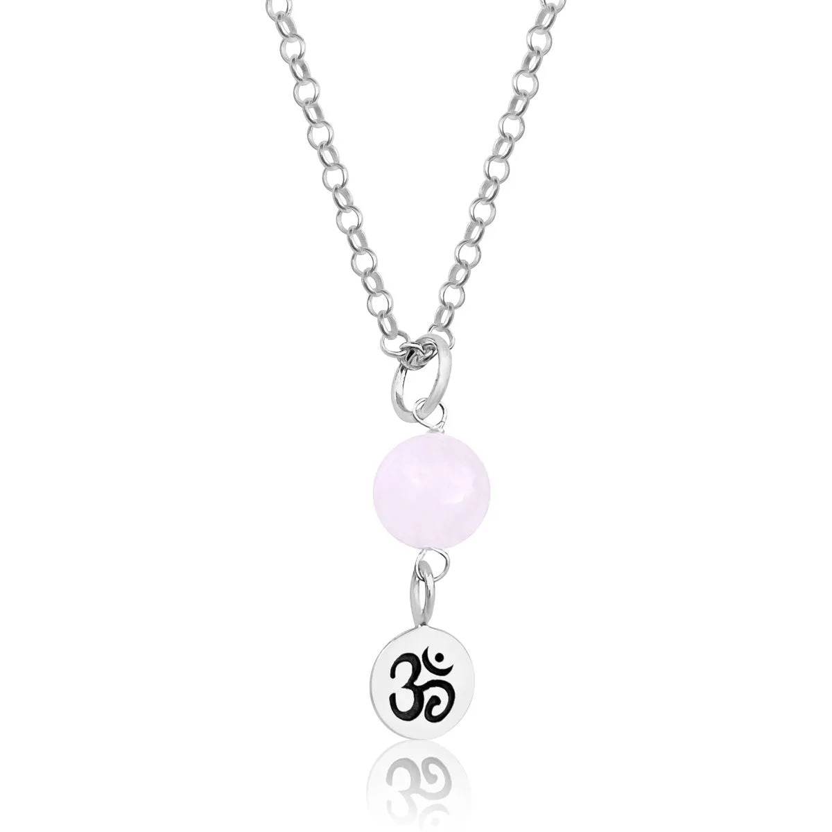 Sterling Silver Yoga Inspired Ohm Necklace with Rose Quartz to Hear the Sound of the Universe