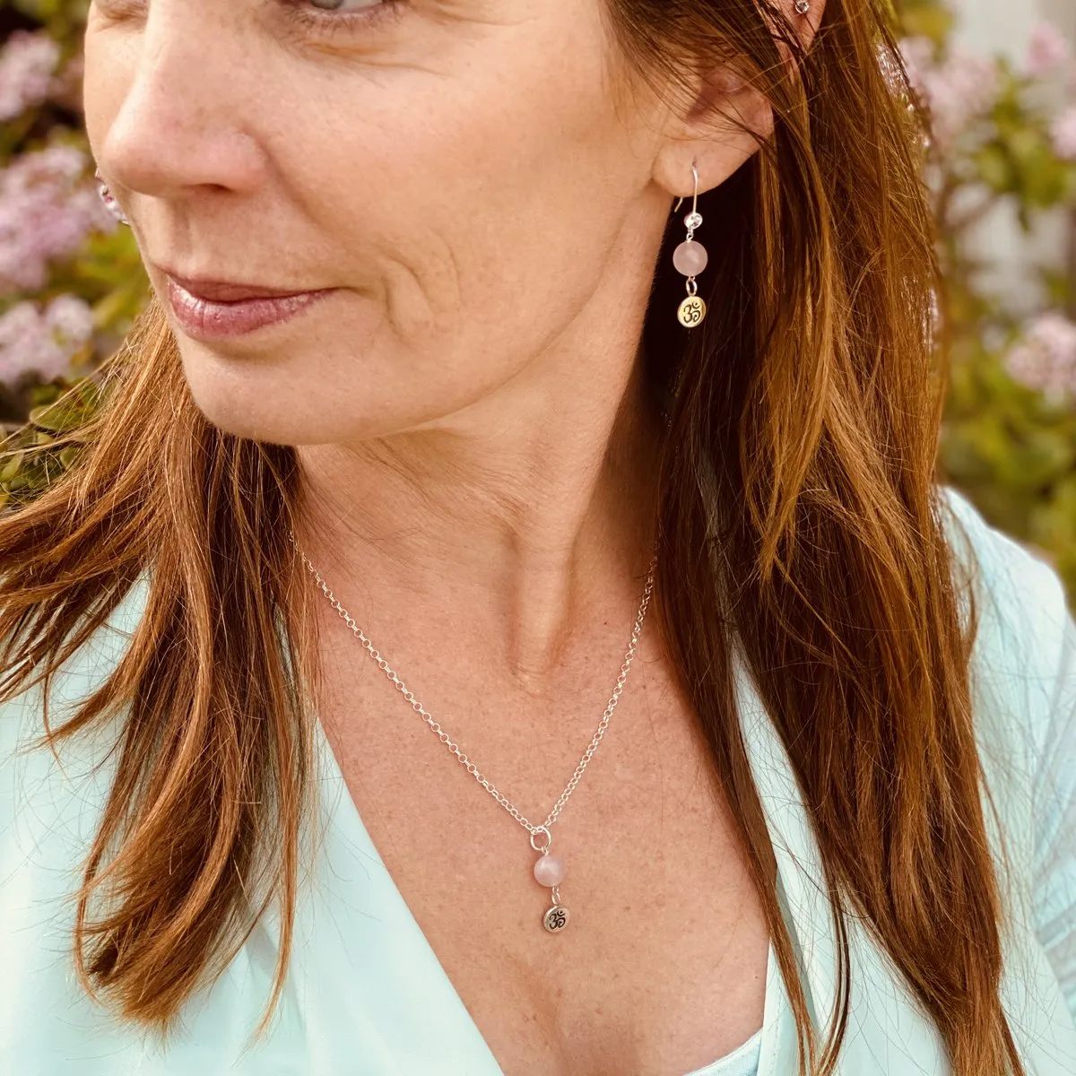 Sterling Silver Yoga Inspired Ohm Necklace with Rose Quartz to Hear the Sound of the Universe