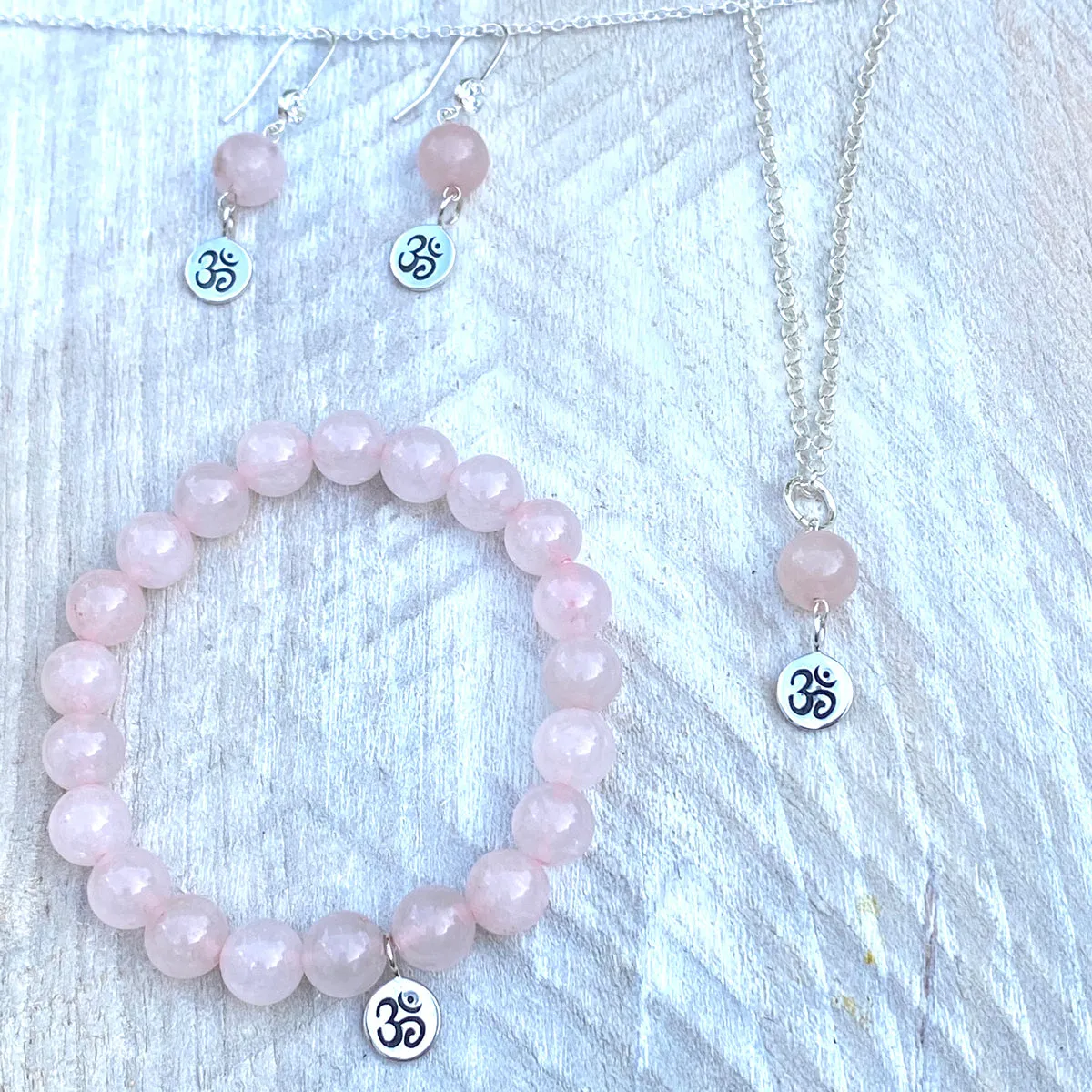 Sterling Silver Yoga Inspired Ohm Necklace with Rose Quartz to Hear the Sound of the Universe