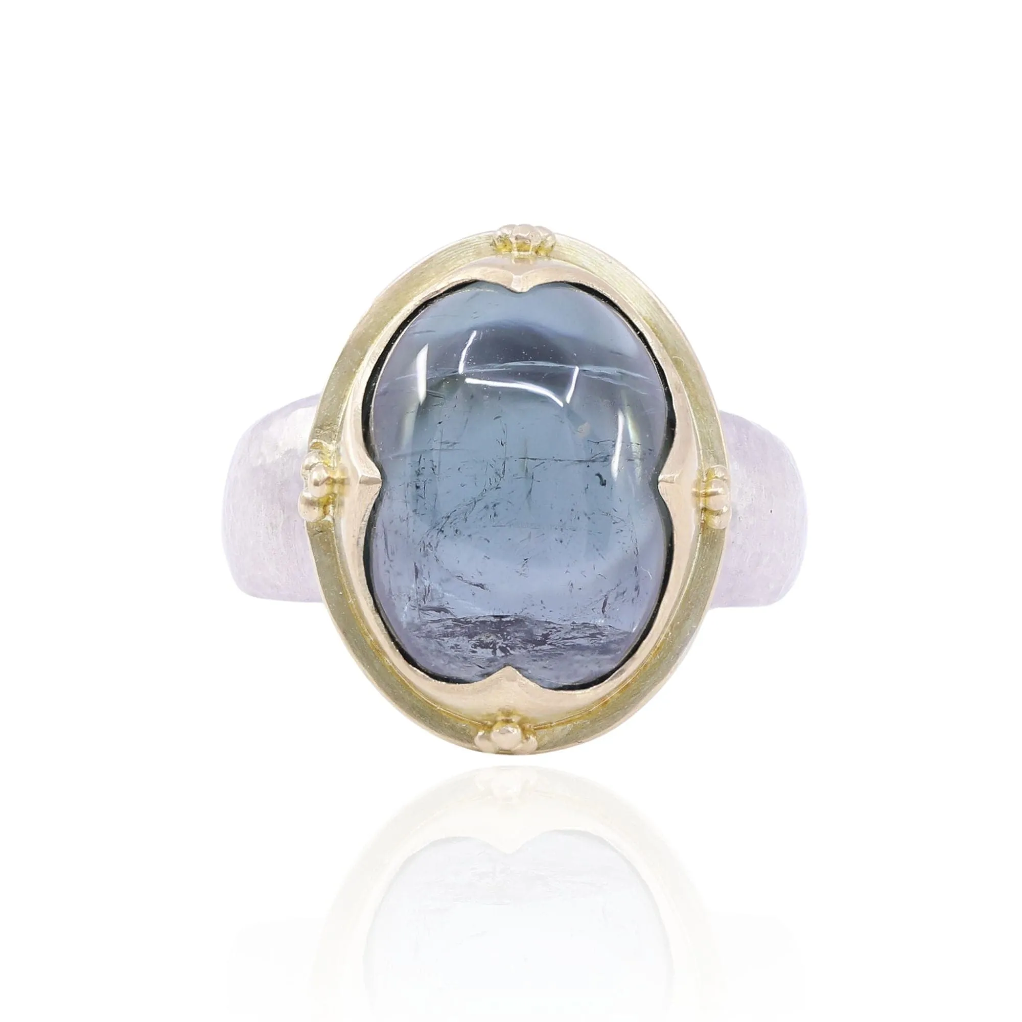 STEVEN BATTELLE STERLING SILVER AND 18K YELLOW GOLD CABOCHON BLUE TOURMALINE RING