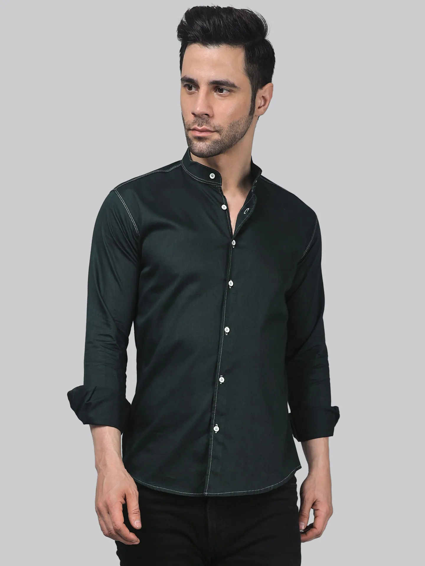 Streetwise TryBuy Premium Solid Dark Green Cotton Button-Up Shirt For Men