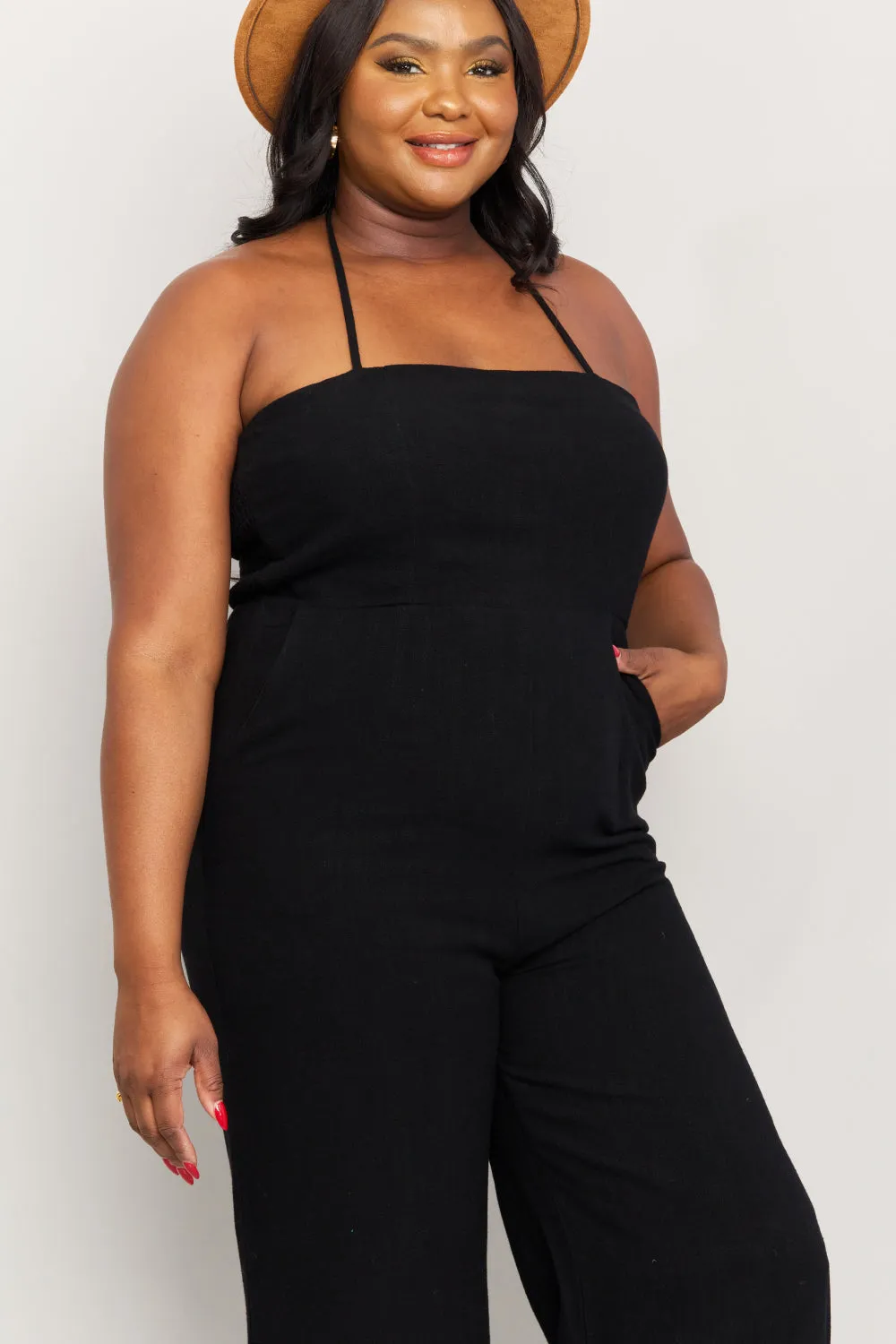 Sunset and Swim Plus Size Halter Neck Wide Leg Jumpsuit with Pockets