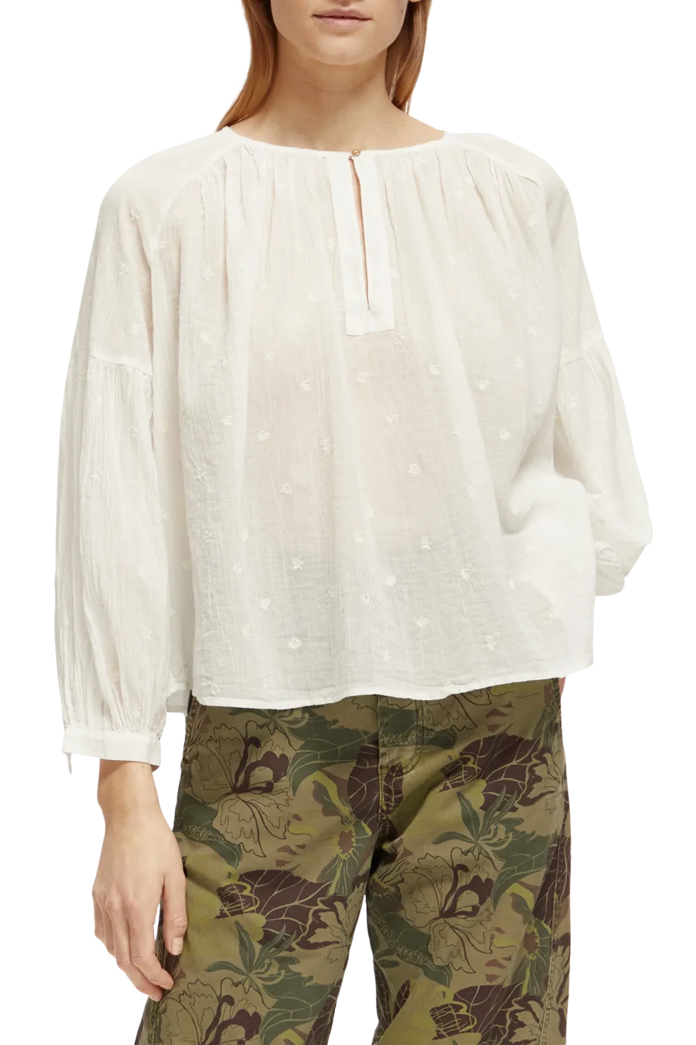 Tie Front Easy Volume Dobby Blouse | White