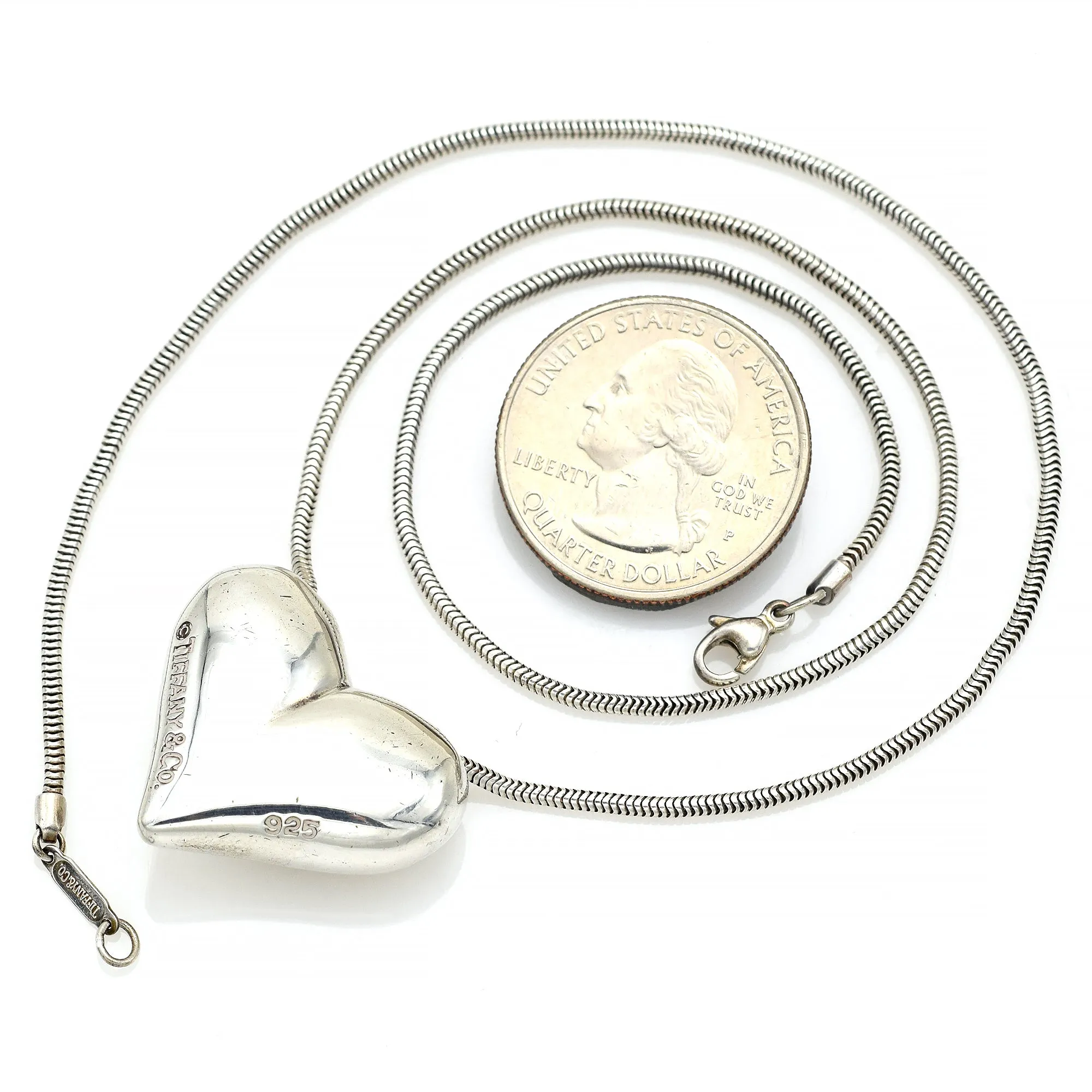 Tiffany & Co. Sterling Silver Large Puff Heart Pendant Necklace   Pouch 19"