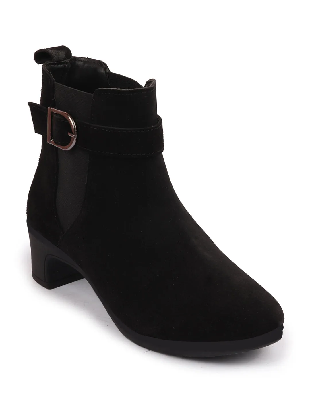 Women Black Flared Heel High Ankle Suede Leather Classic Winter Buckle Strap Chelsea Boots