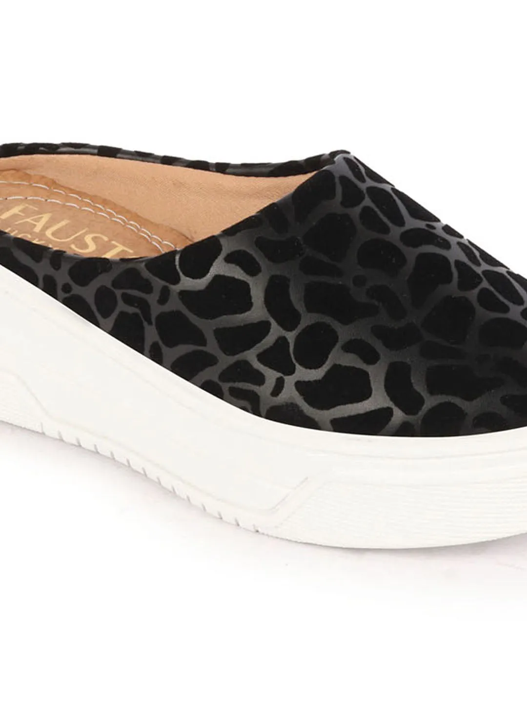 Women Black Leopard Print Height Enhancer Open Back Slip On Casual Shoes