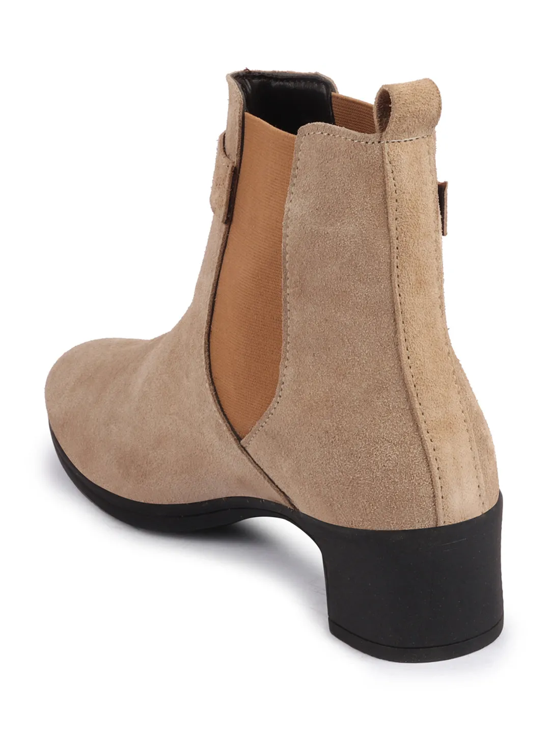 Women Cheeku Flared Heel High Ankle Suede Leather Classic Winter Buckle Strap Chelsea Boots